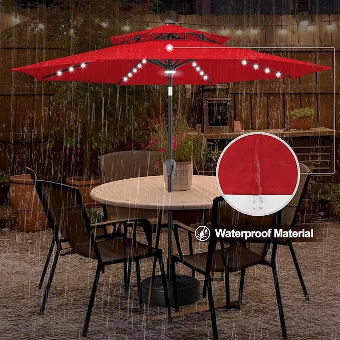 FLAME&SHADE 9 ft Double Top Solar Patio Outdoor Umbrella with 40 LED Lighted and Tilt, Market Table Umbrella for Pool, Porch, Garden, Deck, Yard Red