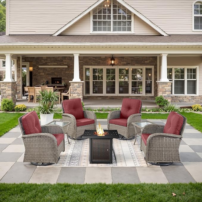 Belord 7-Piece Modern Gray Wicker Patio Conversation Set - 4 Swivel Glider Chairs & 50,000 BTU Propane Fire Table