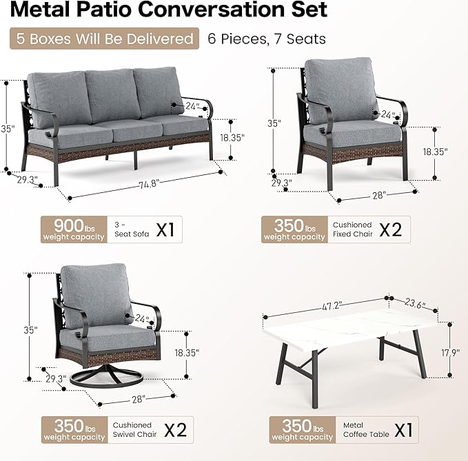 SUNSHINE VALLEY 6 Piece Metal Outdoor Patio Furniture Set, Patio Conversation Set - 1 3-Seater Sofa and 2 Swivel Sofas with 5.75" Thick Cushions & Coffee Table - Black and Gray Backyard Furniture