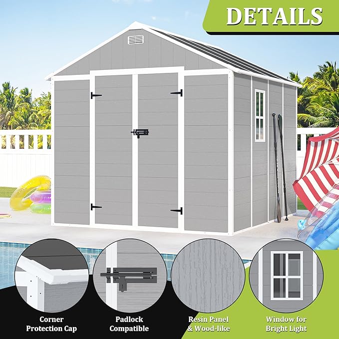 8x8 FT Resin Storage shed, Outdoor Storage Sheds with Floor, Window, Lockable Doors and Vents, 12mm Thick pp Board, Large Storage Space Tool Shed for Lawn, Backyard, Patio (Gray, 8 * 8ft)