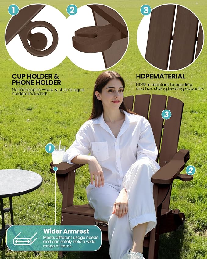 Folding Adirondack Chair, HDPE All-Weather Fire Pit Chairs, Plastic Adirondack Chairs with 2 Cup Holder, Outdoor Lawn Chair for Patio Garden (Brown)