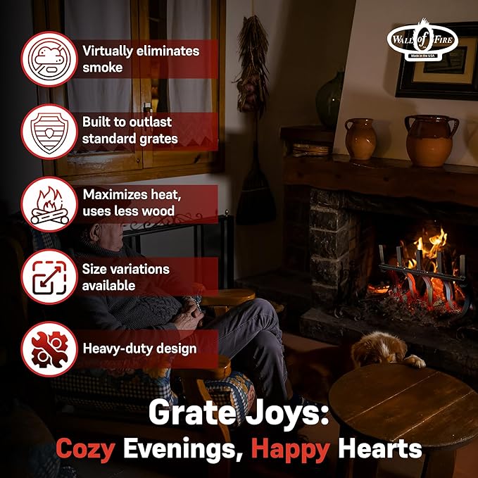 Grate Wall of Fire Model S-5 High Efficiency Smoke-Free Fireplace Grate – 21" Wide, 12" Tall, 11" Deep – Heavy-Duty Alloy Steel – Boosts Heat Output & Minimizes Smoke – Made in USA