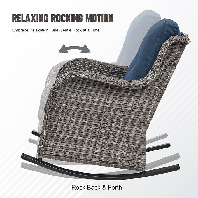 Patio Rocking Chairs Set of 2, Outdoor Gliders Patio Rockers, Wicker Outdoor Rocking Chairs for Porch, Deck, Yard, Sunroom, Garden, Grey Wicker/Blue Cushions