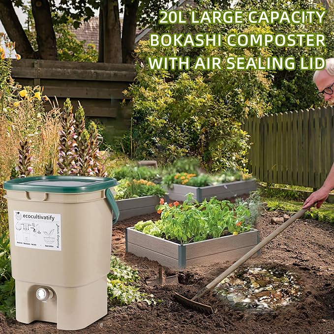 20L Bokashi Bucket with Air Sealing Lid, 5 Gallon Compost Bin, Kitchen Composter with Bran, Kitchen Compost Pail, ecocultivatify Bokashi Kit Set with Starter (Tan & Dark Green)