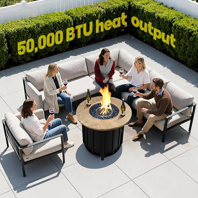 30 Inch Round Propane Fire Pit Table,50000 BTU Outdoor Gas Firepit with Automatic Ignition & Lid Cover,Iron Steel Firepit for Outside,Patio,Deck,Backyard w Glass Stones & Rain Cover