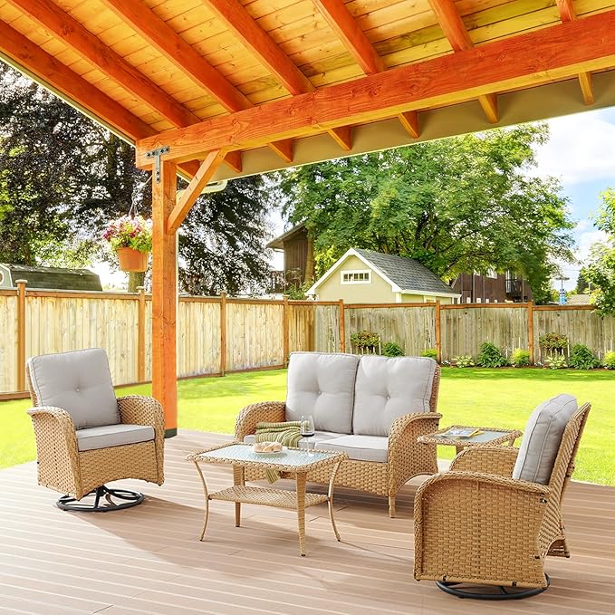 Patio Furniture Swivel Glider PE Wicker Chairs, Outdoor Swivel Rocker Seating with Cushions for Porch Deck Balcony, Yellow/Beige