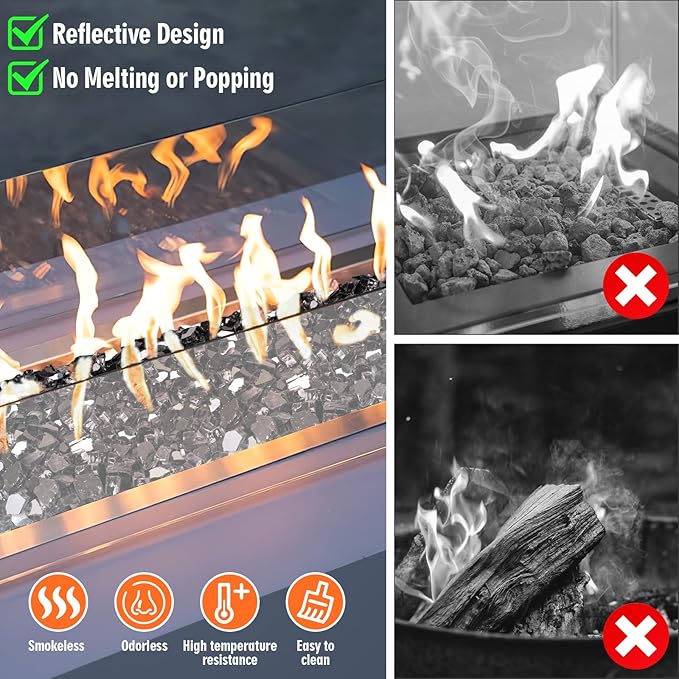 Mesida Fire Glass for Propane Fire Pit - 10 lb Reflective High Luster Glass Rocks, Black 1/2-Inch Fire Pit Glass for Indoor/Outdoor Fireplace & Fire Table, Tempered Decorative Firepit Rocks