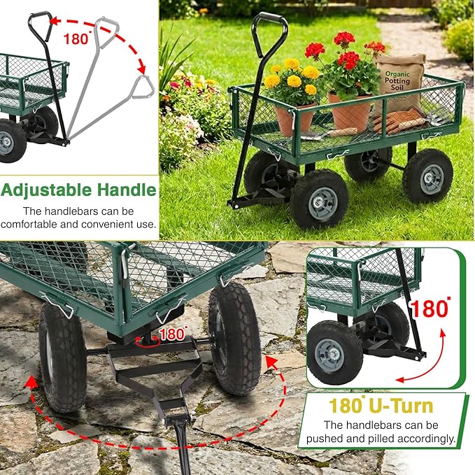 BestMassage Heavy Duty 500 Lbs Capacity Mesh Steel Garden Cart Folding Utility Wagon with Removable Sides for Beach Lawn Yard Landscape (Deep Green)