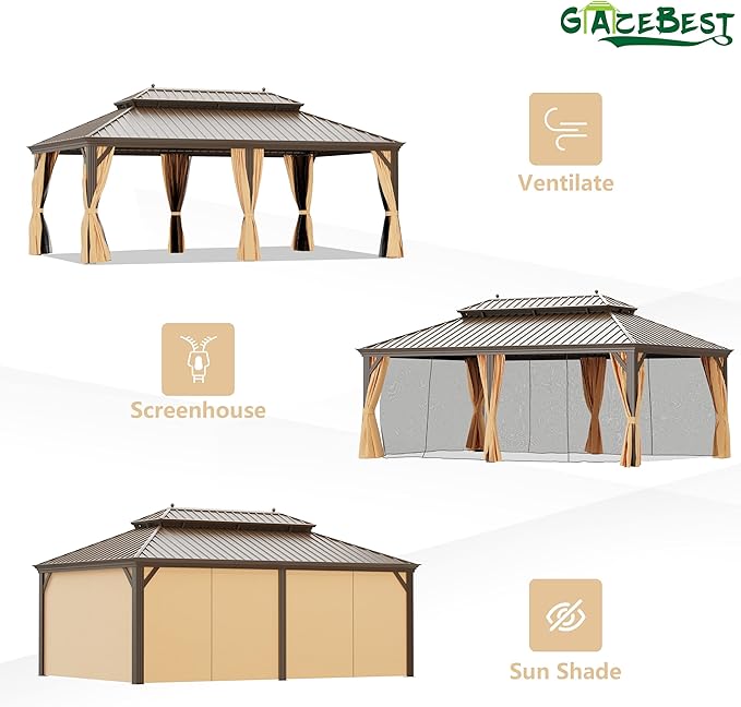 GAZEBEST 14' X 20' Hardtop Gazebo, Outdoor Galvanized Steel Double Roof Permanent Aluminum Frame Pavilion Pergola Canopy with Privacy Curtains for Garden, Patio, Backyard, Deck and Lawns.