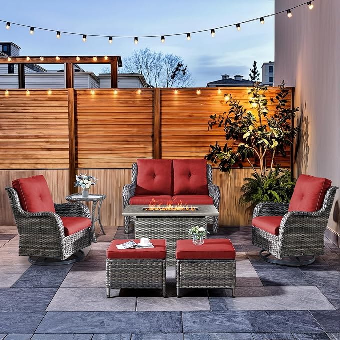 HUMMUH 6-Piece Patio Furniture Set with Fire Pit Table Wicker Outdoor Swivel Rocker Patio Chairs High Back Loveseat Conversation Set for Porch, Backyard, Deck