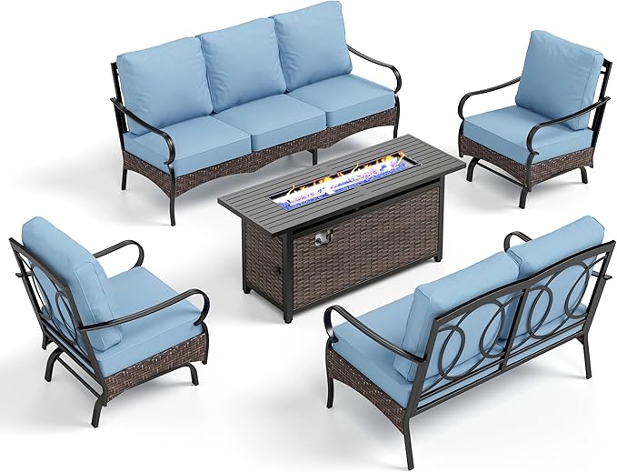 PHI VILLA Patio Furniture Set with 56" Fire Pit Table, Premium Outdoor Wicker Metal Frame Furniture with Upgraded Waterproof Thick Cushions for Porch, Poolside, Deck, and Yard