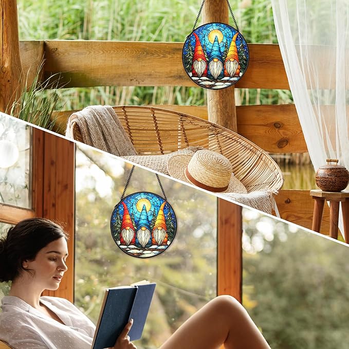 cvjutf Winter Gnome Suncatcher Stained Glass Window Hanging Decor, Xmas Gnomes Christmas Stained Glass Wall Decorations Gifts for Women, Holiday Garden Sun Catchers Indoor Window Wall Art, 7.9x7.9In