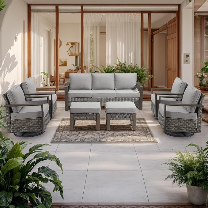 Rilyson Outdoor Wicker Patio Furniture Set - 7 Piece Patio Conversation Set with 4 Wicker Swivel Rocker Chairs,2 Rattan Ottoman and 1 Couch,Thick Cushions,Deep Seating,Wide Armrest(Mixed Grey/Grey)