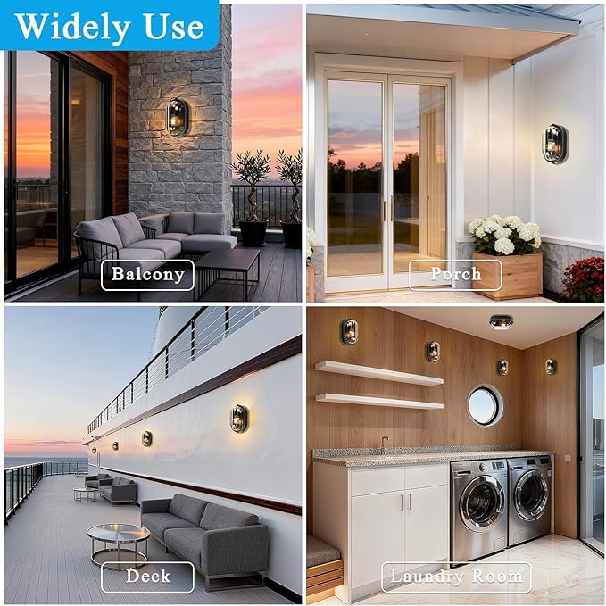 8.5 Inch Waterproof Bulkhead Light Fixture Black Bulkhead Wall Light Sauna and Dock Light with UL Listed Aluminum Frame and Thickened Clear Glass Shade 2 Pack