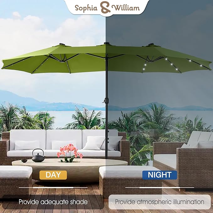 Sophia & William 15 ft Extra Large Patio Umbrella with Solar Lights, Rectangular Outdoor Umbrella with Base Included, Market Umbrella Double-sided Heavy Duty for Pool Garden Backyard, Lime