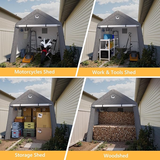 8x8 FT Outdoor Storage Shed, Portable Outdoor Storage Shelter with Roll Up Zipper Door and Vent Windows, Silver Grey