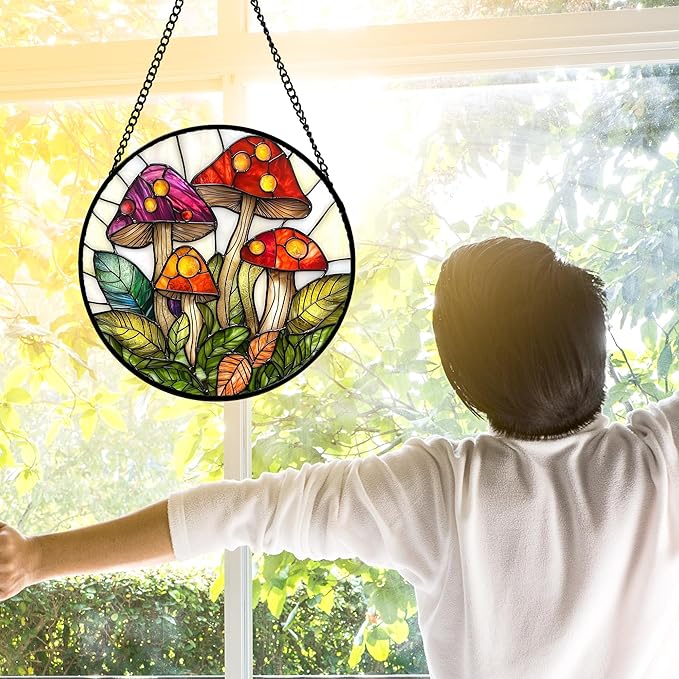 DASTOLL Stained Glass Window Hanging, Mushroom Leaves Suncatcher for Doors Home Sun Catchers Decoration and Christmas, Mother's Day Birthday Gifts for Women, Men, and Mom 9.8 in