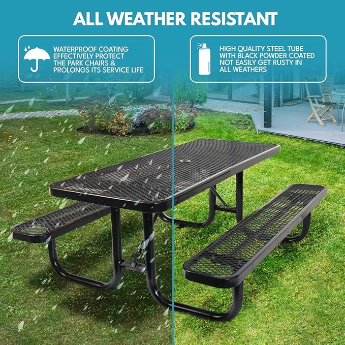 Phyfalip 6 ft. Rectangular Outdoor Steel Picnic Table with Umbrella Pole, Heavy-Duty Weather-Resistant Dining Table for Patio, Backyard, and Garden, Rust-Resistant Finish, Black