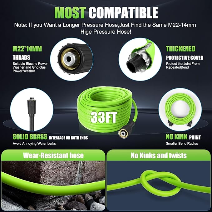 Imdot Adjustable Pressure Cleaner with 33FT Flexible Extension Hose + 34FT Power Cord, 4 Nozzles, Foam Cannon, Best Power Cleaner for Cars, Patios, Driveways, Green