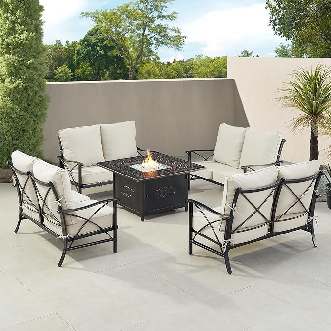 Oakland Living Black Aluminum Patio Fire Table Set with Four Deep Seating Loveseat with Cushions