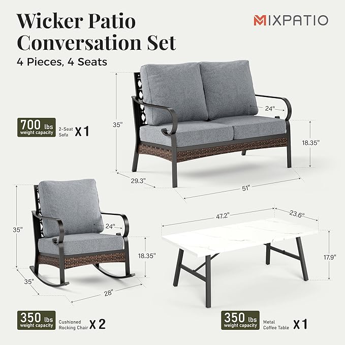 Patio Furniture Set with Coffee Table, Outdoor Conversation Set with 2 x Rocking Chair, 1 x 2-Seat Sofa for Lawn Garden Backyard, Grey