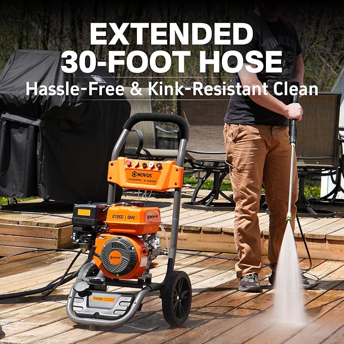 NOVUS Gas Pressure Washer 3400 PSI, 2.6 GPM Power Washer with 30FT Extra-Long Hose, 5 Nozzles, Onboard Soap Tank, 212CC Engine, Spray Gun and Wand, for Vehicles Driveways Patios Fences Furniture