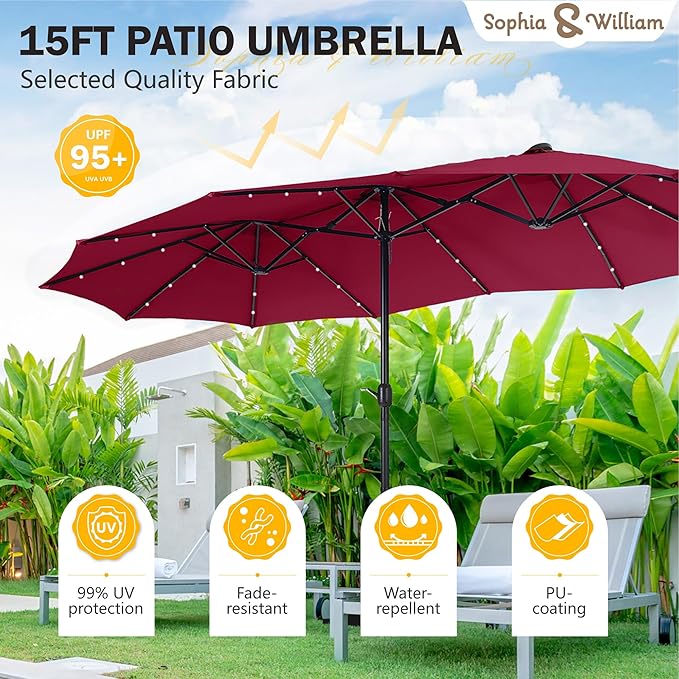 Sophia & William 15 ft Extra Large Patio Umbrella with Solar Lights, Rectangular Outdoor Umbrella with Base Included, Market Umbrella Double-sided Heavy Duty for Pool Garden Backyard, Burgundy