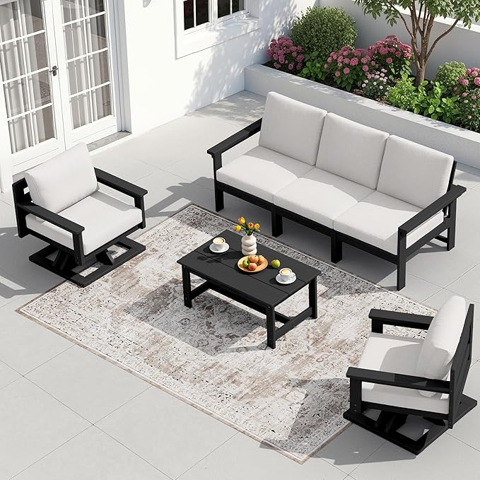 SERWALL HDPE Outdoor Patio Furniture Set, All-Weather 3-Seater Couch with 2 Single Seat Swivel Sofas with Thick Cushions for Lawn, Deck, Black Frame with Beige Cushions