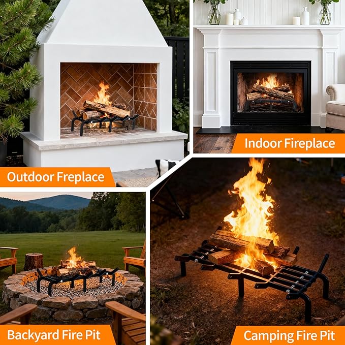 Fireplace Grates 22 inch Fire Place Grate Heavy Duty High Carbon Steel Fireplace Log Grate for Indoor Outdoor Firewood Stove Log Holder Rack Wood Burning Fireplace Accessories