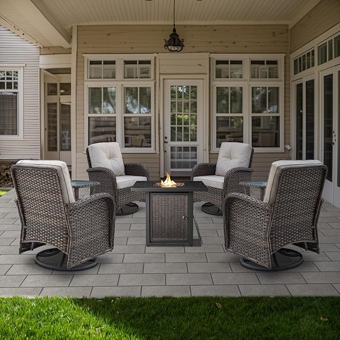 Belord 7-Piece Modern Brown Patio Conversation Set - 4 Swivel Glider Chairs & 50,000 BTU Propane Fire Table