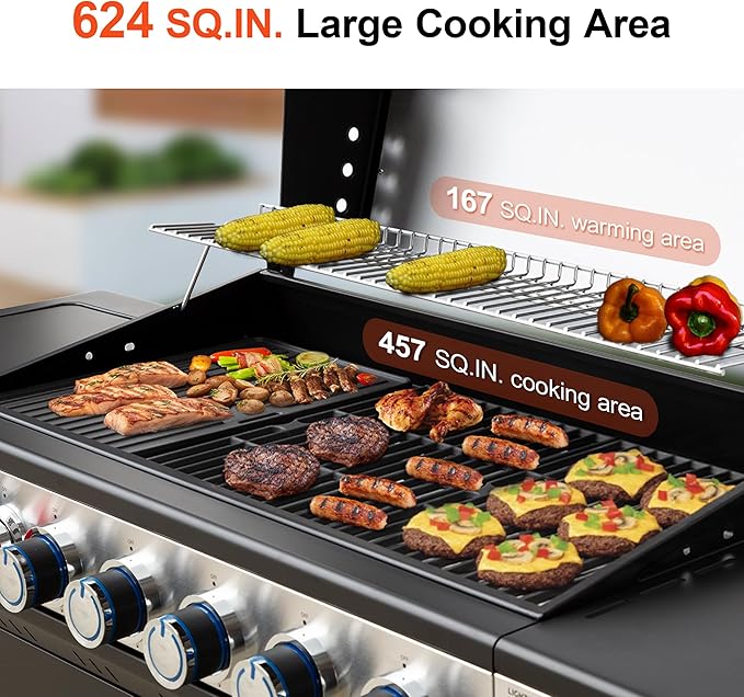 Brand-Man 6 Burner Propane Grill with Infrared Sear Side Burner & Porcelain-Enameled Cast Iron Grate and Griddle, Cabinet Style Gas BBQ Grill with Side Table for Barbecue Grilling & Backyard Cooking