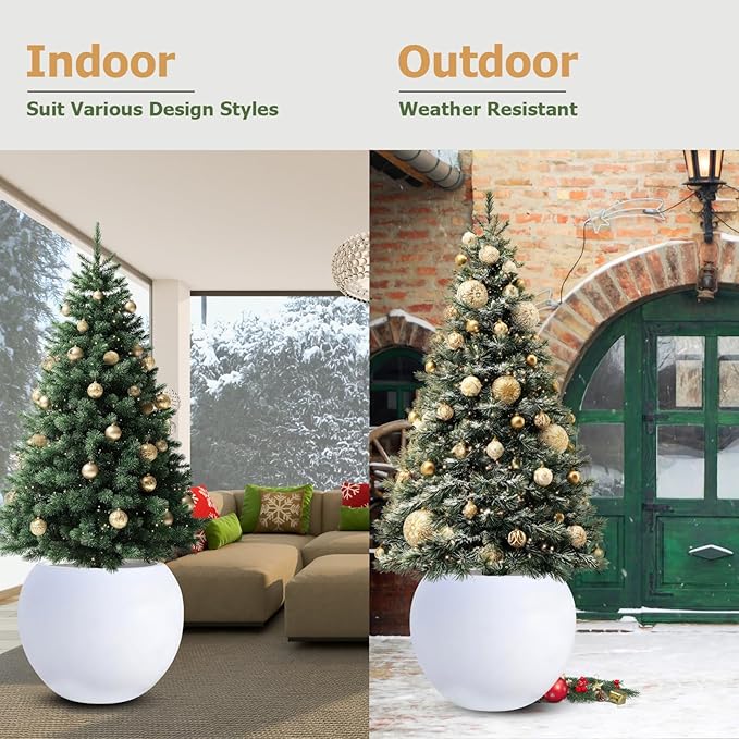 9.7" H x 12" D Globo Fiberstone Round Planter - Christmas Tree Planter, Smooth Finishes, Weather Resistant for Indoor & Outdoor Use, Included 2 Extra Coco Mats (White, 7.8" Pot Opening)