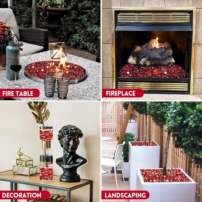 GasSaf Red Fire Glass Beads for Outdoor Fire Pit, Fireplace, Replaces Existing Gas Logs & Lava Rocks, 3/4 Inch Glass(10 Pound)(Red Luster)