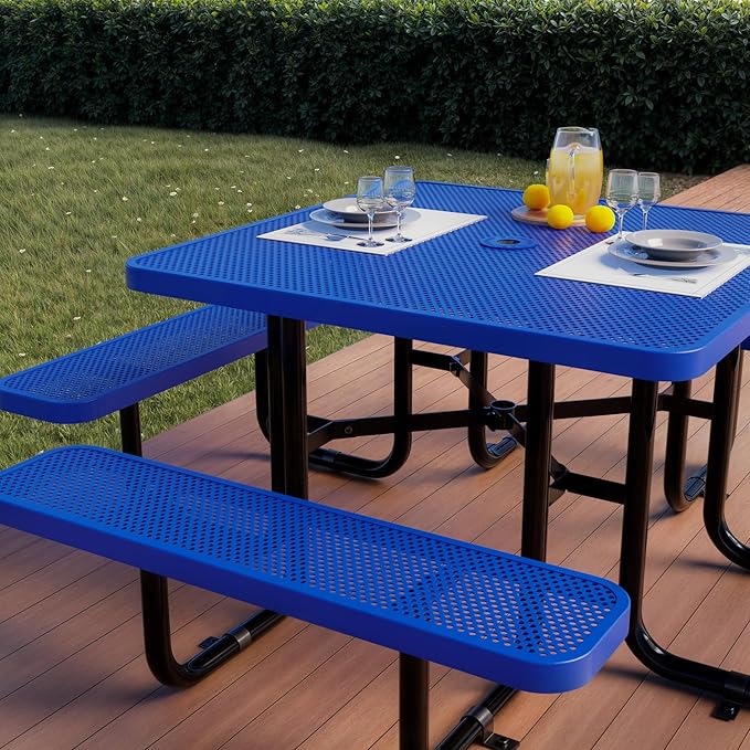 Metal Picnic Tables for Outdoors with Umbrella Hole - Coated Steel Heavy Duty Commercial Grade Furniture with Adjustable Seats (Blue, 46 in, Square, Punched Steel)