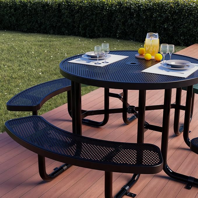 Metal Picnic Tables for Outdoors with Umbrella Hole - Coated Steel Heavy Duty Commercial Grade Furniture Set with Adjustable Seats (Black, 46 in, Round, Punched Steel)