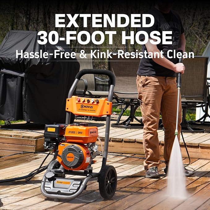 NOVUS Gas Pressure Washer, 3100 PSI 2.5 GPM Power Washer, 30FT Hose, 5 Nozzles, Onboard Soap Tank, Steel Spray Wand, Portable Gas Powered Pressure Washer for Vehicles Driveways Patios Fences Furniture