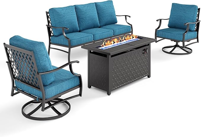 SUNSHINE VALLEY 4 Piece Metal Outdoor Patio Furniture Sets with 5000 BTU Firepit Table, Patio Conversation Sets 3-seater Sofa, 2 Swivel Chair with 5.75" Thick Cushion, Black Backyard Furniture, Blue-2