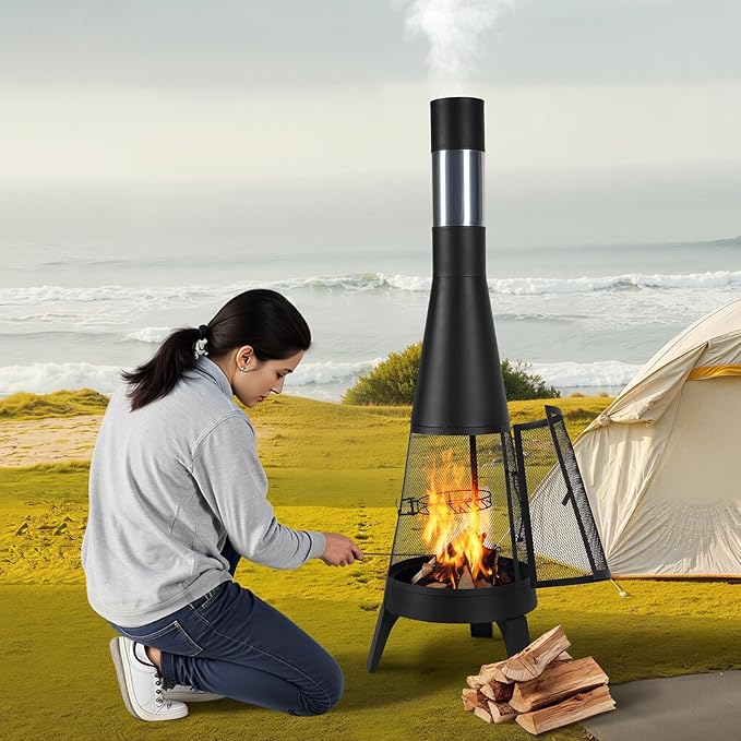 VEVOR Chiminea, 20 Inch Outdoor Wood Burning Firepit, Conical Fireplace for BBQ & Warming, Outside Wooden Fire Pit with Grill Mesh, Chimney Coat & Rustproof Chiminea Lid, for Patio, Garden, Backyard