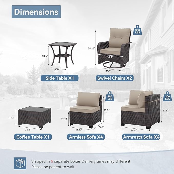 Kurapika 12 Pieces Patio Furniture Set, Rattan Wicker Sofa Set, Outdoor Conversation Sets w/Swivel Rocking Chairs Patio Sectional Sofa w/4 Inch Cushion, Sand