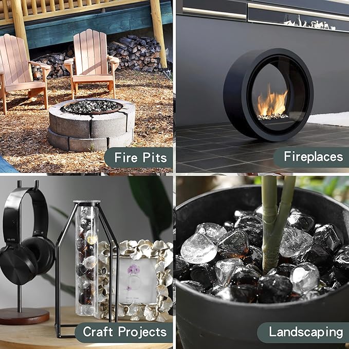 onlyfire 10-Pounds Fire Glass Diamonds for Propane Fire Pit, 1 Inch Blended Firepit Glass Rocks Stones for Gas Fireplace and Fire Pit Table, Onyx Black, Crystal Ice and Amber
