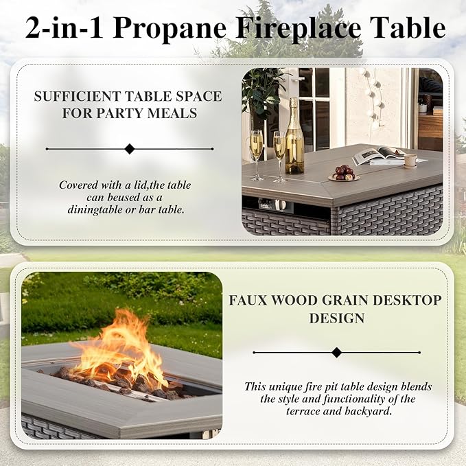 HUMMUH 5 Piece Patio Furniture Set with Fire Pit Table 41in 55,000 BTU,Wicker Outdoor Conversation Sets - Outdoor Swivel Rocker Chairs Patio Sofa for Porch,Garden,Backyard