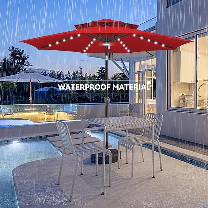 9ft Solar Umbrella Outdoor - Double Top Lighted Patio Umbrella with 40 LED Lights Waterprool Uv Protection, Table Umbrella with Tilt & Crank for Pool, Porch, Garden, Backyard(Red)