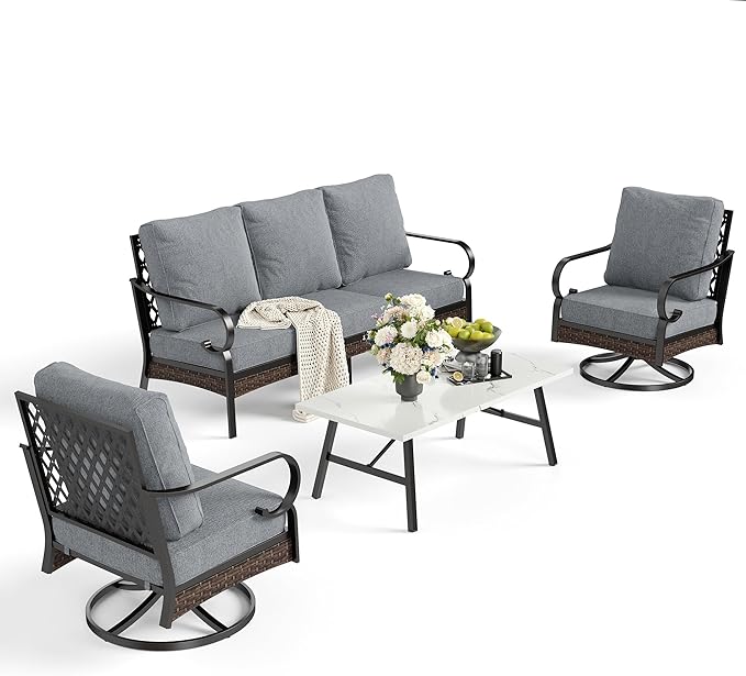 SUNSHINE VALLEY 4 PCS Metal Outdoor Patio Furniture Set, Patio Conversation Sets 1 3-Seater Sofa, 2 Swivel Chairs with 5.75" Extra Thick Cushion & Coffee Table, Black Frame Backyard Furniture, Gray