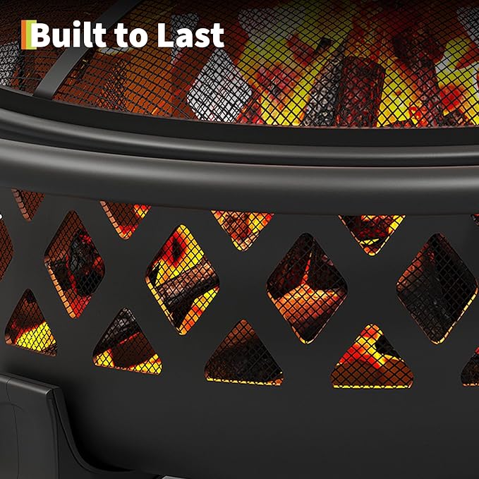 Outdoor Fire Pit with Spark Screen Cover, 37 Inch Wood Burning Fire Pit with Stoker Tool, Portable Firepits for Outside Camping, Patio, Backyard