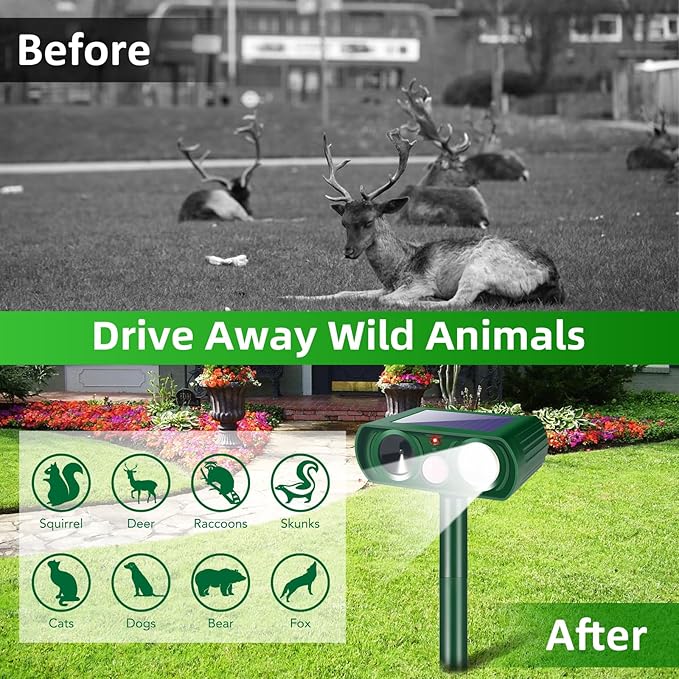 2 Pack 2026 Solar Ultrasonic Repellent Outdoor Cat Squirrel Skunk Dog Repellent for Yard,Deer Repeller Devices Motion Detection,Animal Deterrent Light for Rabbit Racoon Rodent Bird