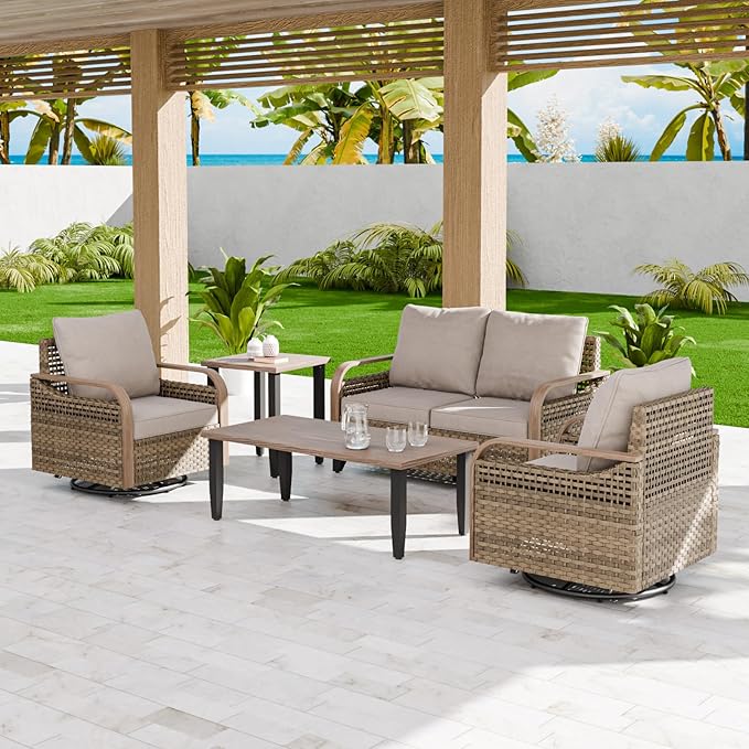 EAGLE PEAK Modern Wicker Outdoor Patio Furniture Set, Patio Conversation Set, 2 Swivel Rocking Chairs, 2-Seat Loveseat, Coffee Table and Side Table, 5 Pieces, Brown/Gray