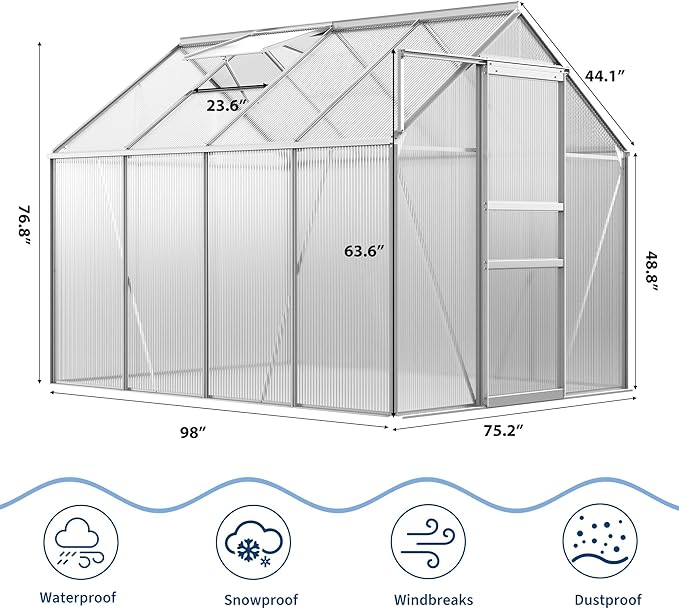 Garvee 6 x 8 FT Outdoor Greenhouse, Polycarbonate Greenhouses with Aluminum Frame, Sliding Door, Adjustable Roof Vent for Backyard, Green Houses for Outside Garden Backyard, Patio, Silver