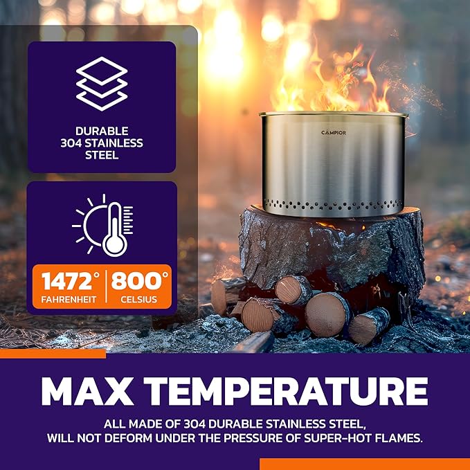 Smokeless Fire Pit, 18" Portable 304 Stainless Steel Outdoor Stove with 360° Airflow Design, Removable Ash Pan, Easy Setup, for Backyard, Camping, and Garden Gathering, Wood Burning Fire Pit