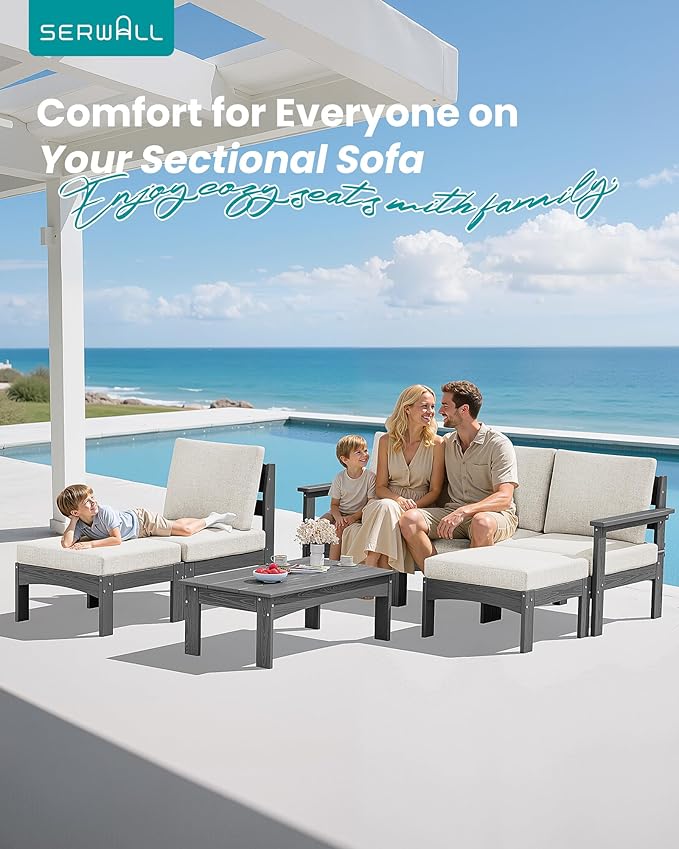 SERWALL 7-Piece Patio Sofa Set, Outdoor Furniture Set, All-Weather HDPE Outdoor Sectional Conversation Set Cushions and Coffee Table, Large Modular Sofas for Garden, Grey Frame with Khaki Cushion