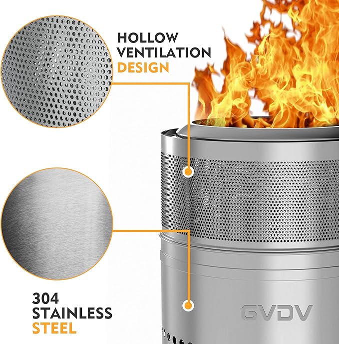 GVDV Smokeless Firepit, 18 Inch Outdoor Fire Pit with Removable Ash Pan, Hollow-Carved Design, Camping Fire pits for Outside Wood Burning, Portable Bonfire Stove with Carry Bag